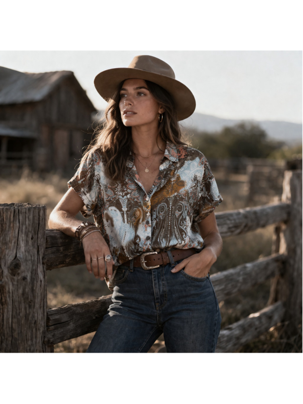 AUSTIN Clothing Co. WESTERN Brown & Blue Paisley BOHO Button Down Shirt WOMENS L